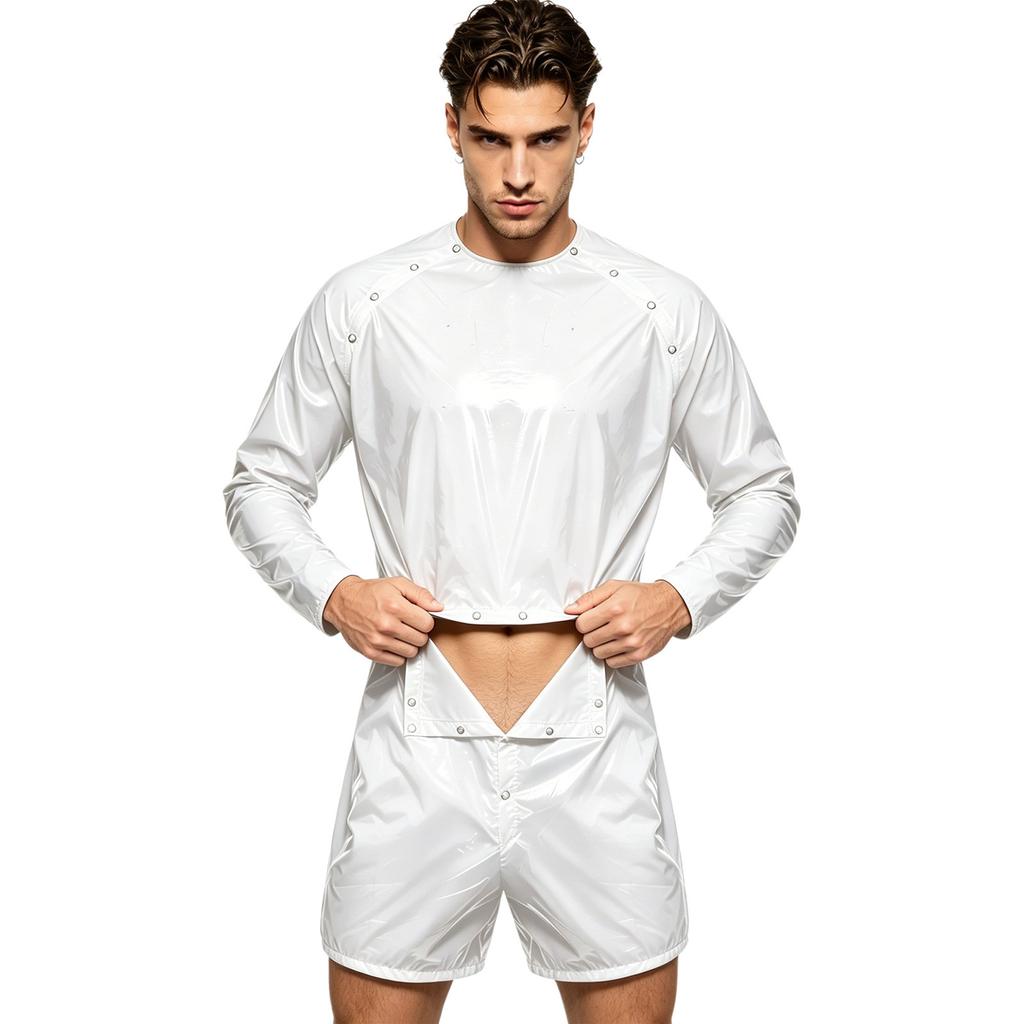 S-3XL Tuta da Sauna Impermeabile per Uomo Tuta Intera a Maniche Lunghe Pulsanti sulle Spalle Vita Cavallo Boxer Staccabili Body per Costumi da Bagno