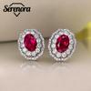 925 Sterling Silver Oval Ruby Cubic Zirconia Flower Stud Earrings Women Accessories for Wedding Engagement Lady's Jewelry Gift