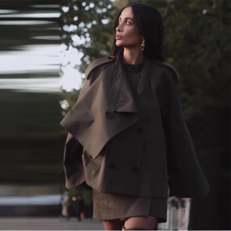 Womens Fall Vintage Short Cape Trench Coat Single-breasted Solid Color Stand Collar Casual Outerwear