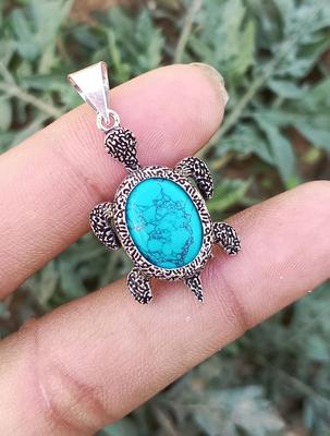 Turquoise Gemstone 925 Sterling Silver Plated Tortoise Pendant