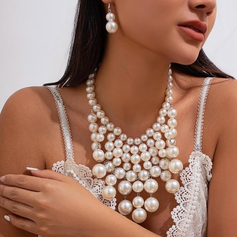 Pearls Beaded Fringe Necklace Adjustable Length Neckchain Multi-layer Clavicle Chain Jewelry for Parties and Daily Wear