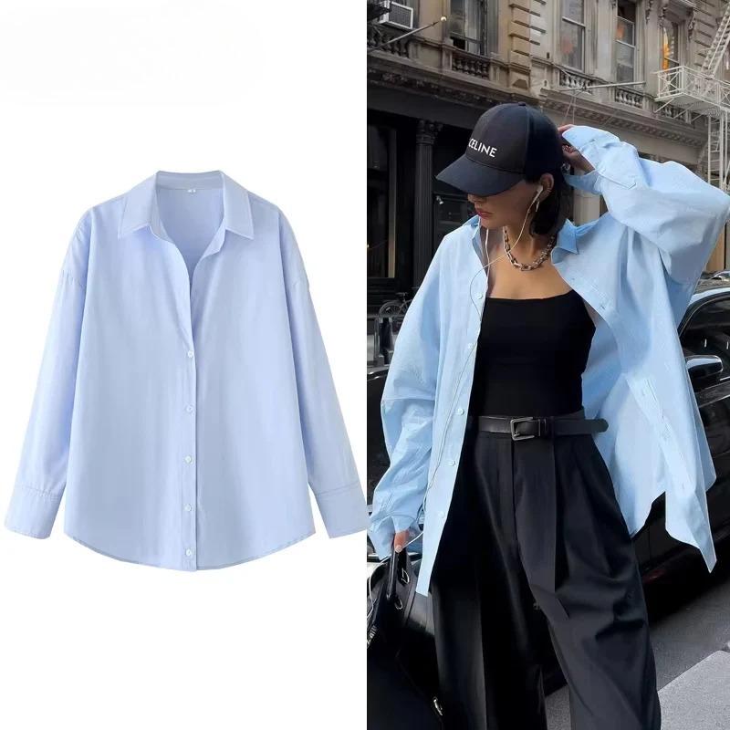 Women's Shirt Long Blue Shirt Women Spring Long Sleeve Oversize Shirts Blouses Korean Style Casual Button Up Shirts