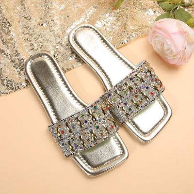 Fashion Summer New Flat Sandals Women's Fashion Square Head Open Toe Glitter Soft Soles Anti-slip Wear-resistant Slippers