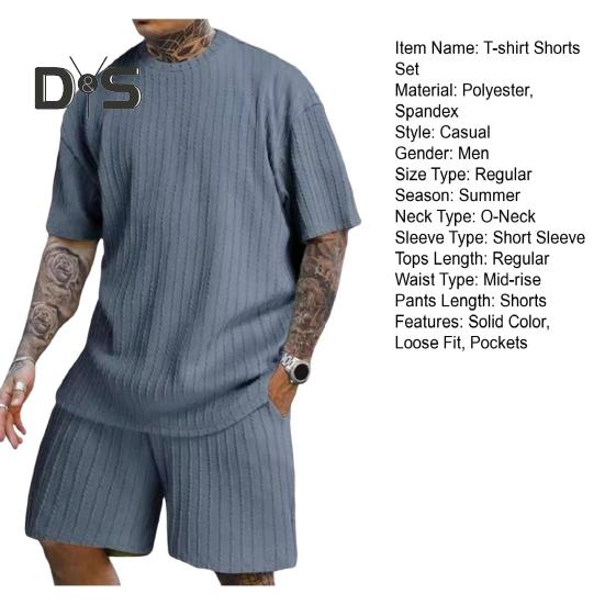 2Pcs/Set Men Sports Suit O-Neck Short Sleeve T-shirt Elastic Waist Wide Leg Shorts with Pockets Set Jacquard Texture Running Wear