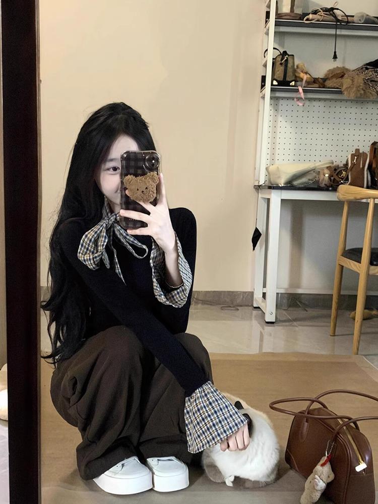 Plaid Bow Two-Piece Layered Women's Long Sleeve Slim Fit Top for All Seasons