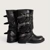 Vintage Soft Leather Belt Strap Buckle Mid-Calf Women Motorcycle Boots Thick High heels Autumn Winter Knight Booties