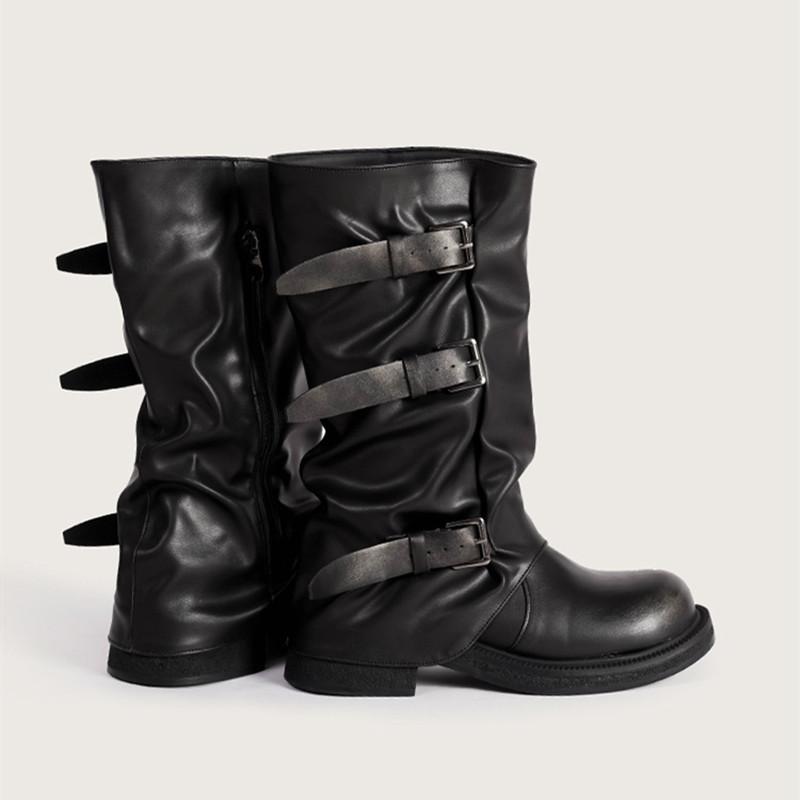 Vintage Soft Leather Belt Strap Buckle Mid-Calf Women Motorcycle Boots Thick High heels Autumn Winter Knight Booties