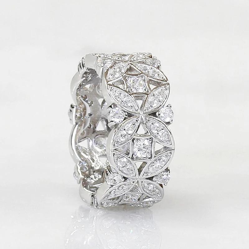 Huitan Hollowed-out Flower Wide Women’s Rings Exquisite Shiny Cubic Zirconia Finger Accessories Trendy Wedding Bridal Jewelry