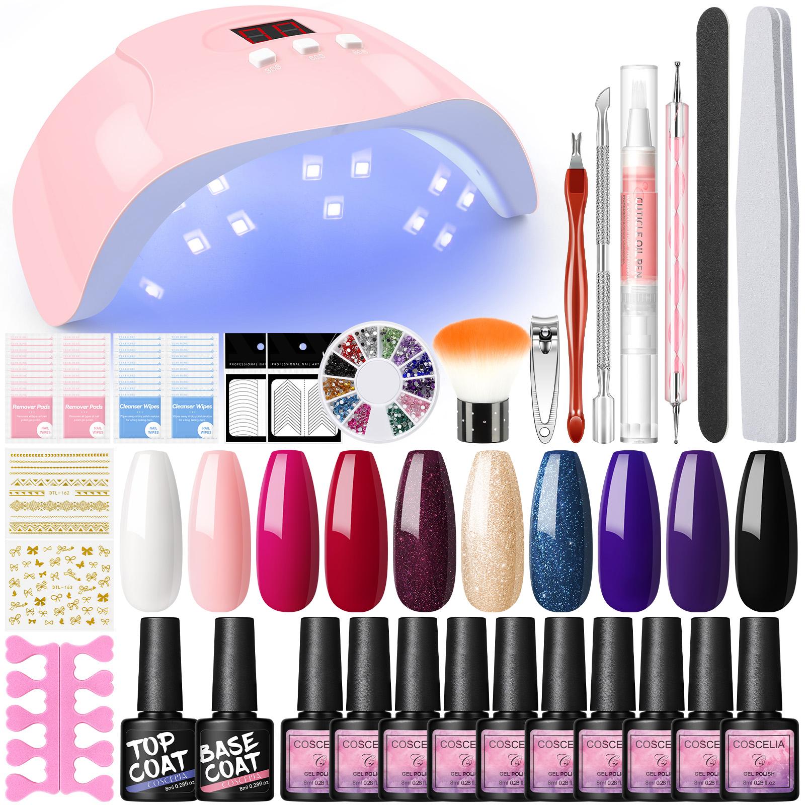 

COSCELIA 36 Вт Лампа для сушки ногтей 10 шт. Гель-лак для ногтей Маникюрные инструменты Аксессуары для ногтей Набор цветных гелей для замачивания Фиолетовый блестящий гель-лак Набор верхнего базового покрытия