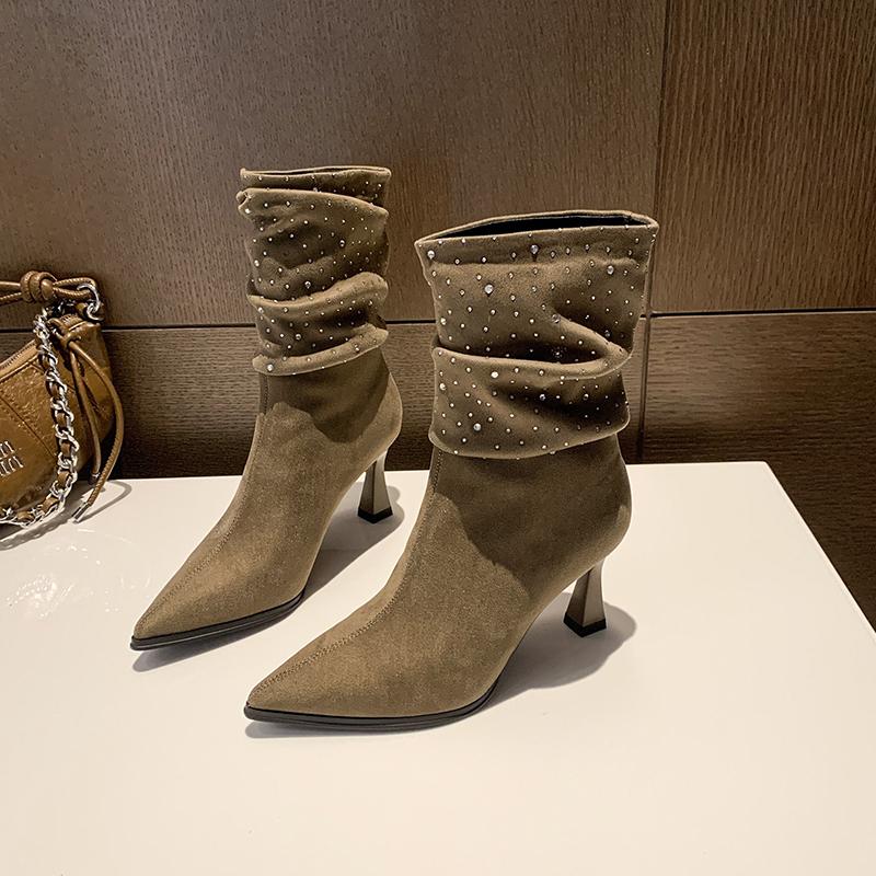 

Модные осенне-зимние хрустальные женские ботильоны на высоком каблуке, обувь, модные туфли-лодочки с острым носком, женские современные короткие ботинки для женщин 35 хаки