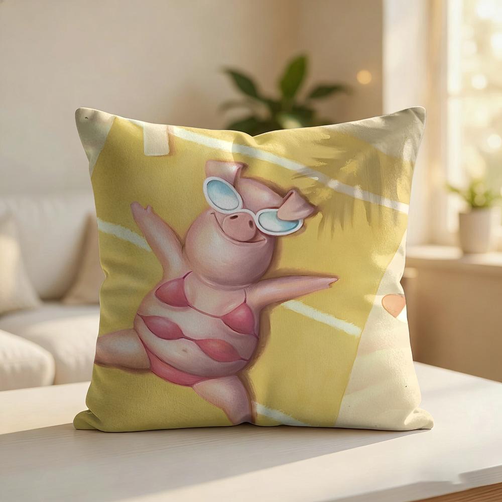 Cute Funny Pig Friends Gift Cushion Cover Silky Short Plush Invisible Zipper Dustproof Sofa Pillow Case For Home Decor