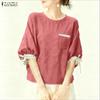 ZANZEA Women Casual Round Neck Lace Splice 3/4 Sleeve Blouse