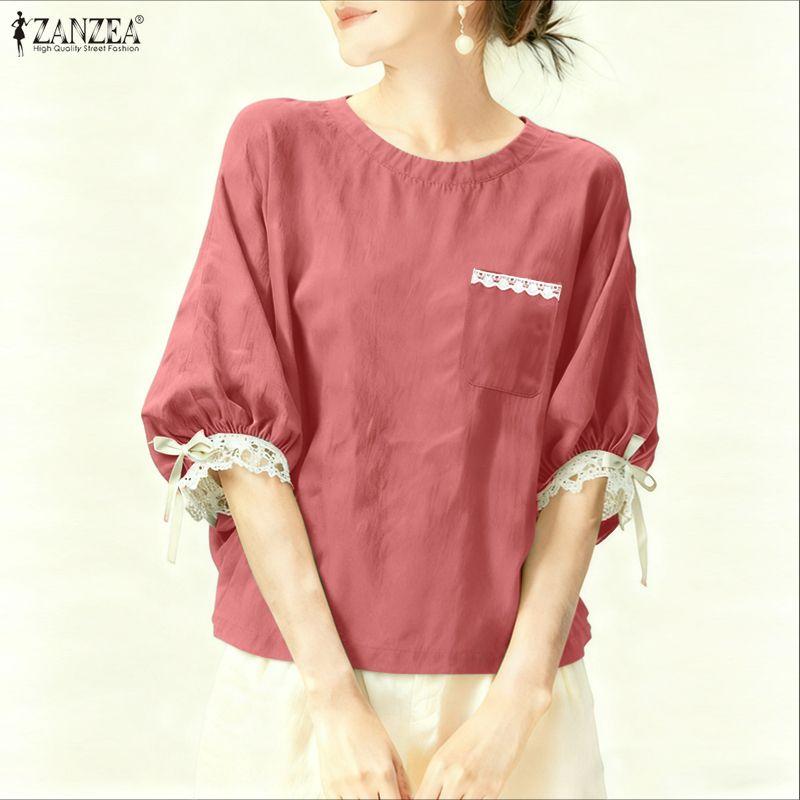 ZANZEA Women Casual Round Neck Lace Splice 3/4 Sleeve Blouse
