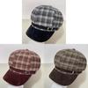 Vintage Brown Plaid Octagonal Hat For Women Winter Warm Fashion Cap
