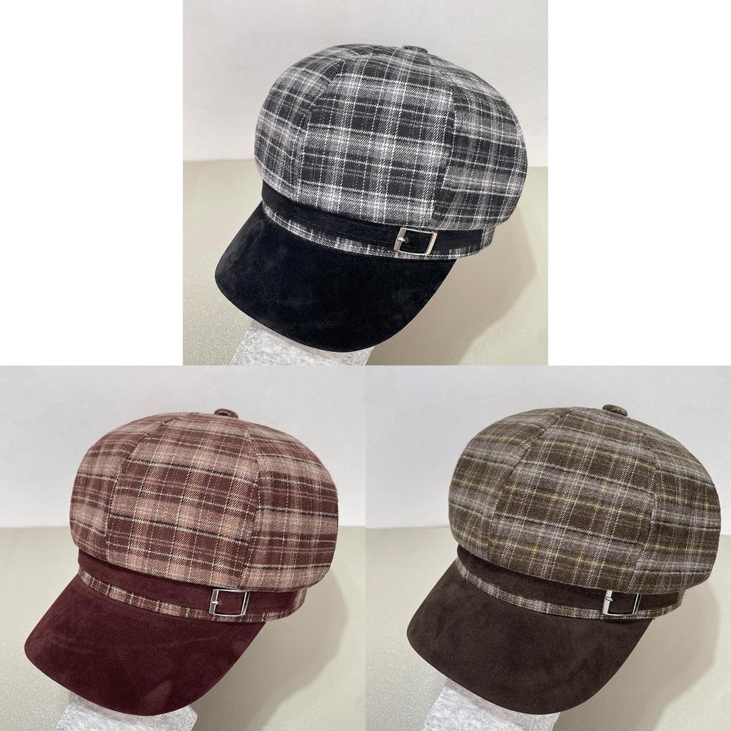 Vintage Brown Plaid Octagonal Hat For Women Winter Warm Fashion Cap