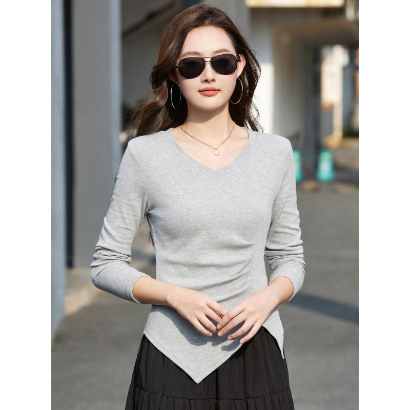 Autumn New Long Sleeve Irregular Waist T-Shirt Versatile Solid Color Slimming Elegant Women's Top
