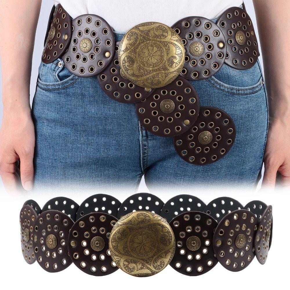 

Y2K Hollow Belt Exaggerated Cowboy Wide Disc Belt Ковбойський широкий дисковий ремінь Дисковий ремінь для жінок Coffe Gold-A