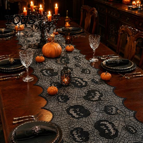Black Lace Table Runner Halloween Runner, 70 x 15 Inch Spider Web Pumpkin Pattern Spooky Gothic Dinner Decoration for Kitchen Decor, Party Supplies