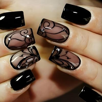 24 Piezas Uñas Postizas Cuadradas Medianas Brillantes Negras con Patrón de Planta, Uñas Postizas Artificiales Reutilizables Brillantes con Diseño de Pedrería
