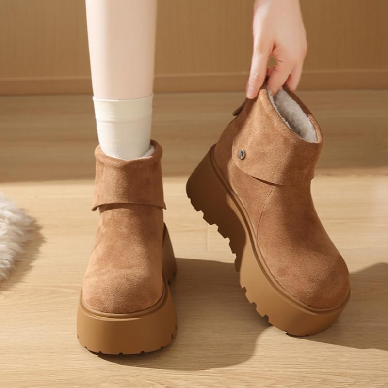 Platform Fur Ankle Snow Boots Flats Suede Warm Plush Cotton Shoes Winter High Heels Shoes Woman 2025 Trend Fad Cozy Botas Mujer