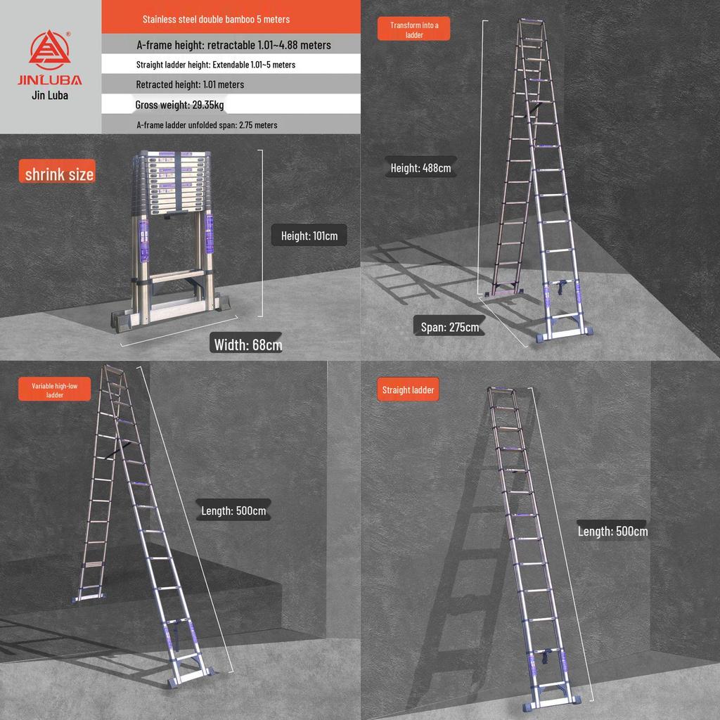 Jinluba Aluminum Telescopic A-Frame Ladder - Thickened, Stainless Steel, Bamboo Joint, for Household & Engineering Use