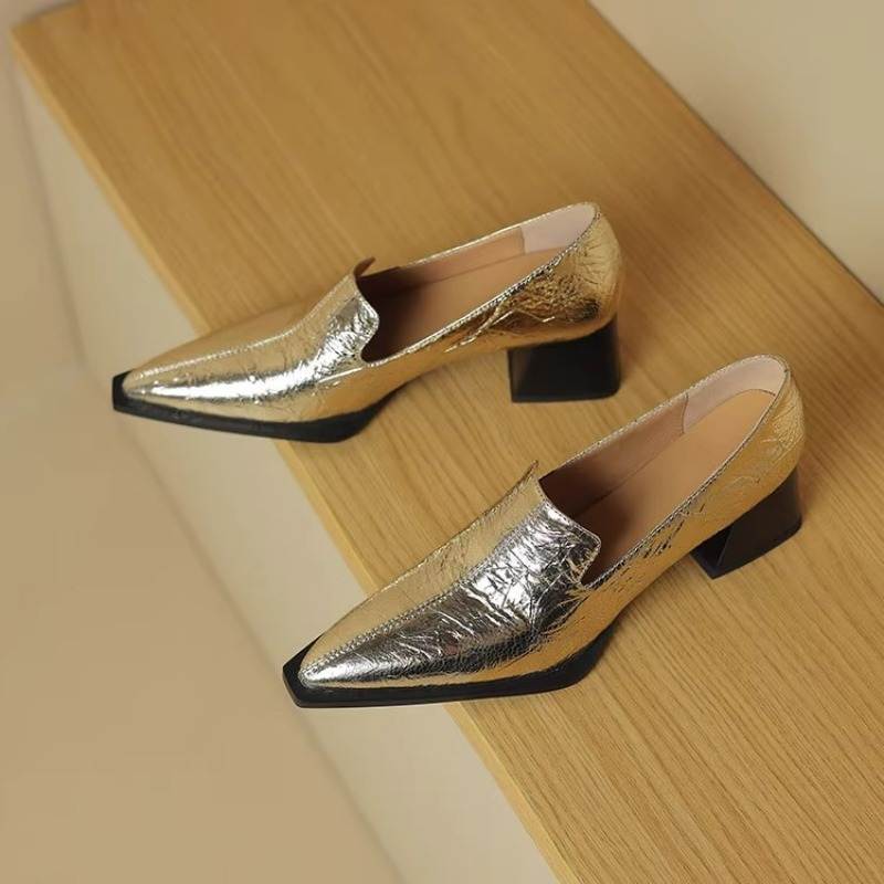 

Women s Spring Chunky Heel Pointed Toe PU Leather Shoes Waterproof Anti-slip Low Top Commuter Shoes 35 золотий