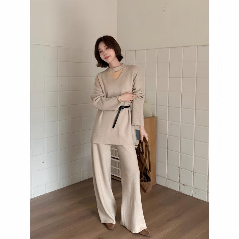 

Women s Fashion Hollow V-Neck Halter Knit Sweater & Wide-Leg Pants Set for Winter 2025 S