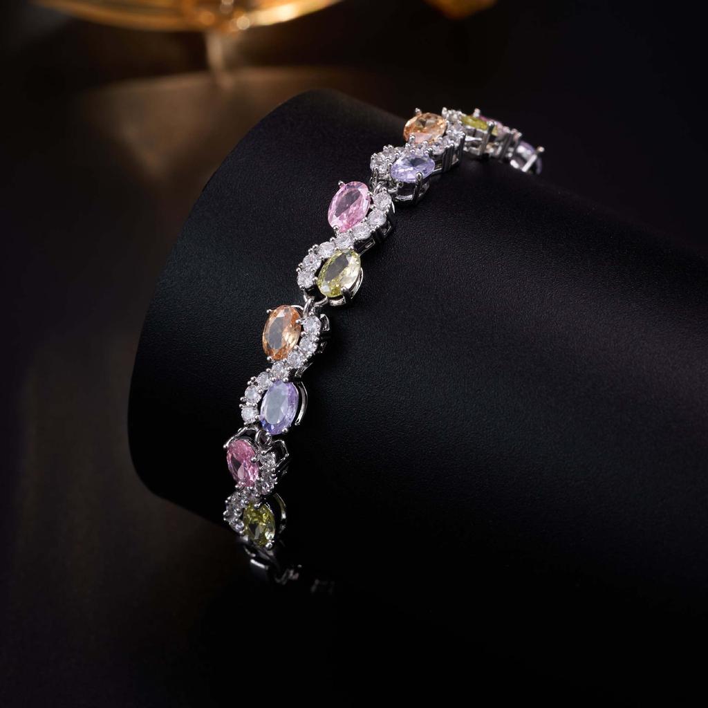 Color Oval Zircon Bracelet Macaron Silver Premium Full Inlaid Jewelry Fashion Sweet Everyday Versatile Accessories