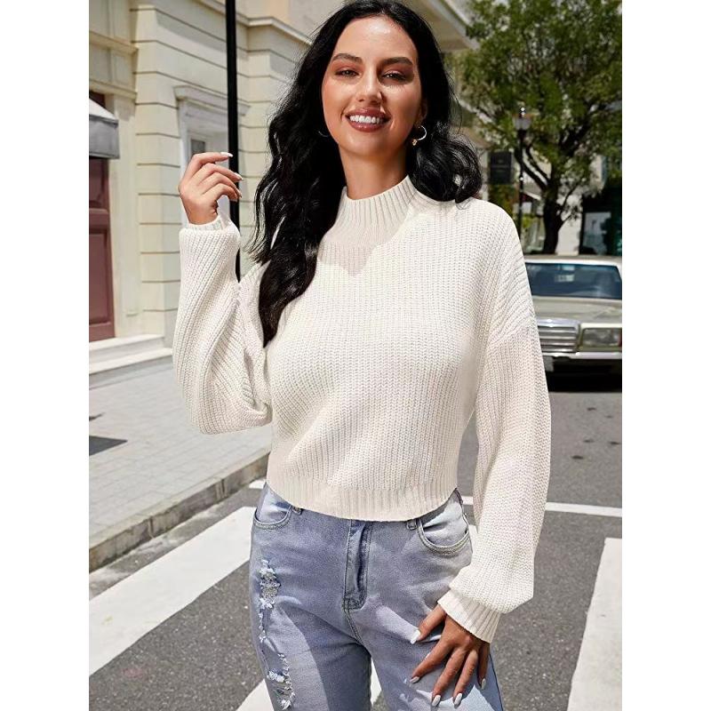 Herbst und Winter Damen Pullover Laternenärmel Pullover Einfarbig Vielseitig Mode Halb Stehkragen Kurzpullover