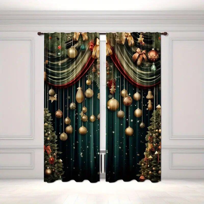 Set Of 2 Christmas Curtains Golden Balls Holiday Polyester Printed Home Decoration Room Curtain Made