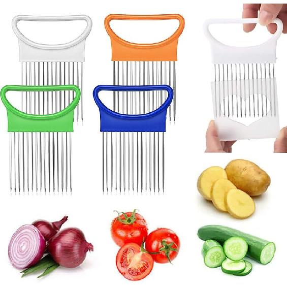 2Pcs Onion Holder Slicer, Stainless Steel Tomato Lemon Potato Vegetable Holder Slicer Cutter Tool for Kitchen Worker Slicing