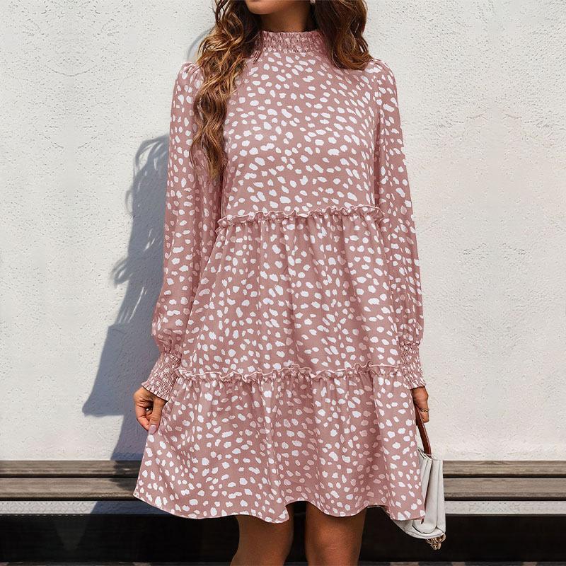 

YYFS Женская мода Весна Осень Принт в горошек Длинный рукав Воротник-стойка Средняя линия талии Повседневные платья S