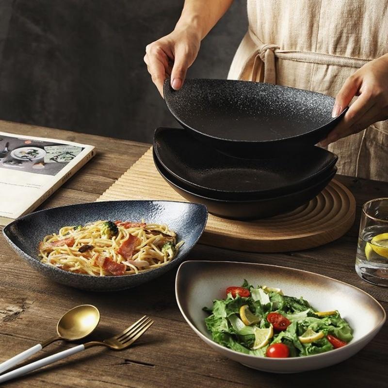 10 inch Dark Black Ink Ellipse Dinner Plate Under-Glazed Ceramic Dinner Dishes Dessert Tray Soup Plate Dinnerware Microwave Safe