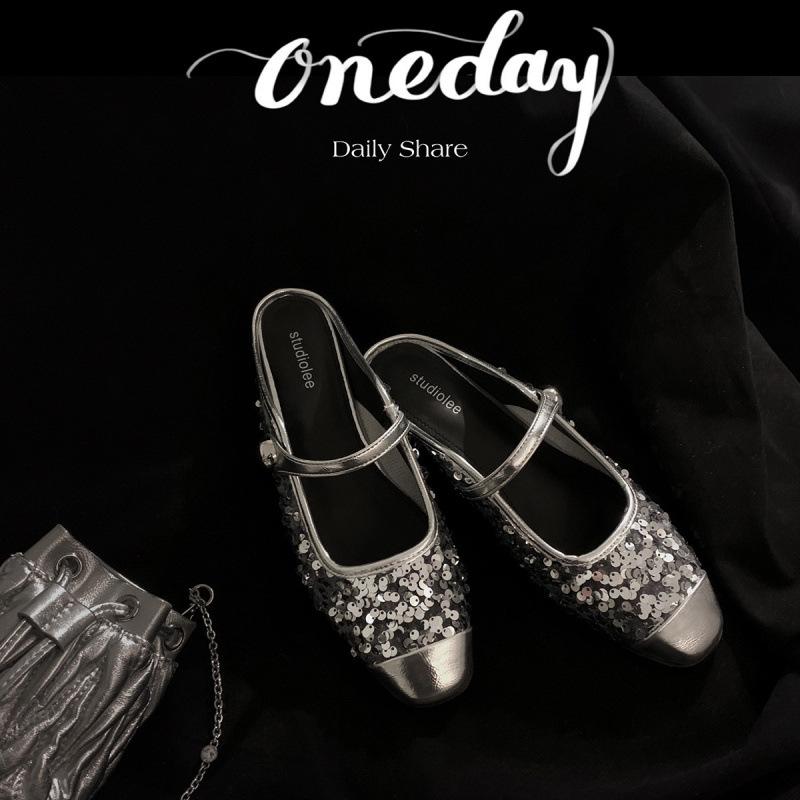 

Shoes Sparkling Sequins Baotou Sandals One Word with Half Slippers Women 40 срібний