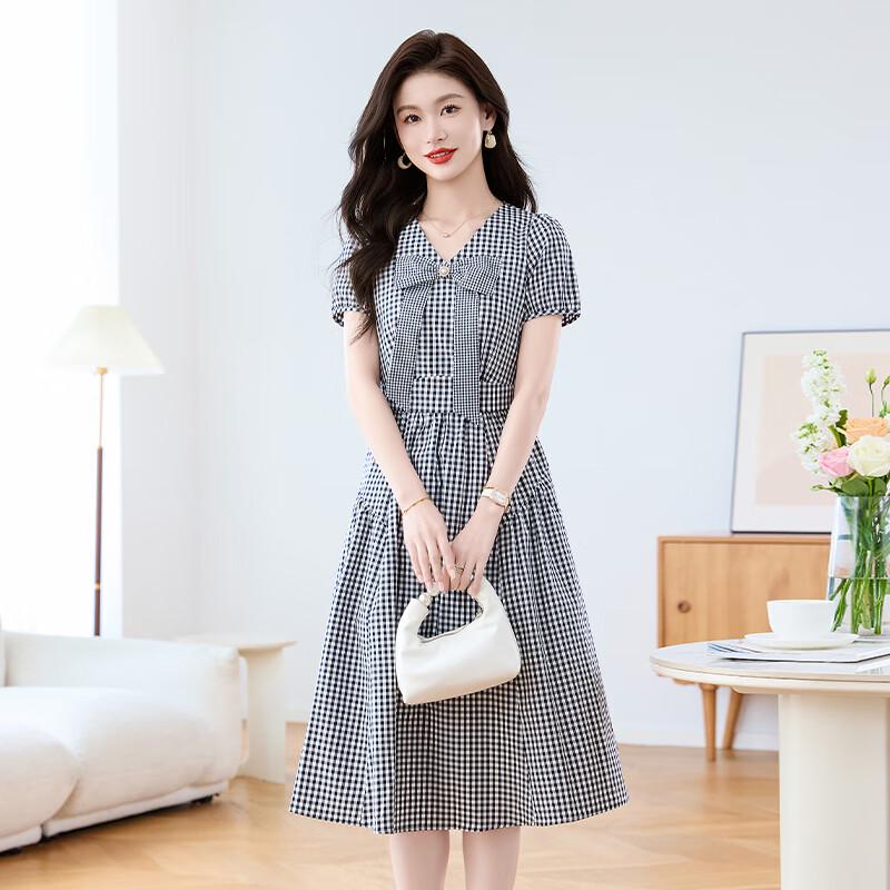 Ke Bei Er Elegant Plaid Bow-Tie Midi Dress
