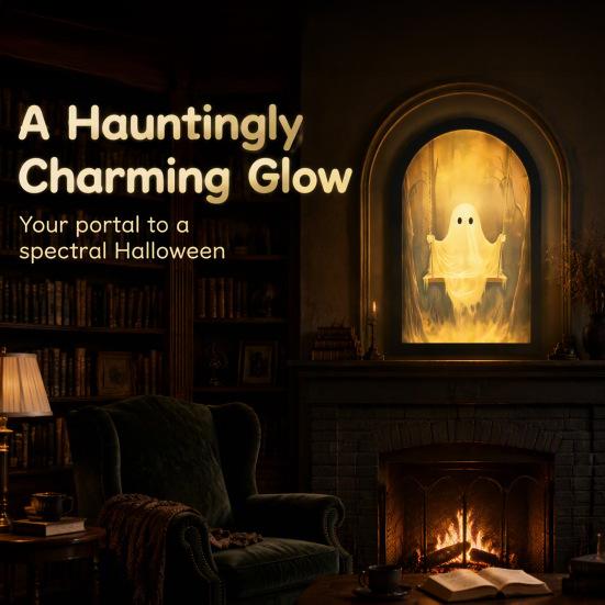 Acrylic Wood Spooky Sign Halloween Glowing Ghost Mirror, USB Light Up Scary Ghosts, Hologram Mirror Decoration Prank Decor for Haunted House