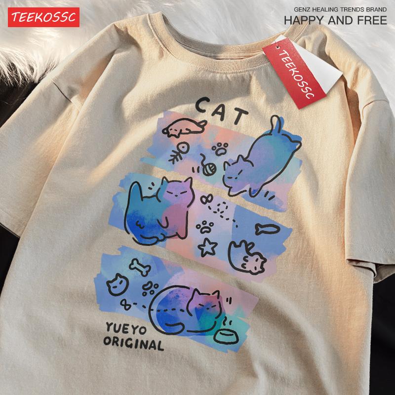 Buntes Drei Katzen Trendiges Lockeres und Atmungsaktives Reine Baumwolle Sommer Kurzarm T-Shirt Männer Frauen Verträumter Spaß Katze Niedliche Kleidung