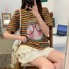 vintage cartoon print stripe casual Loose basic t shirt 2025 summer short Sleeve Simple T-shirts for Women harajuku Kawaii funny student tshirt