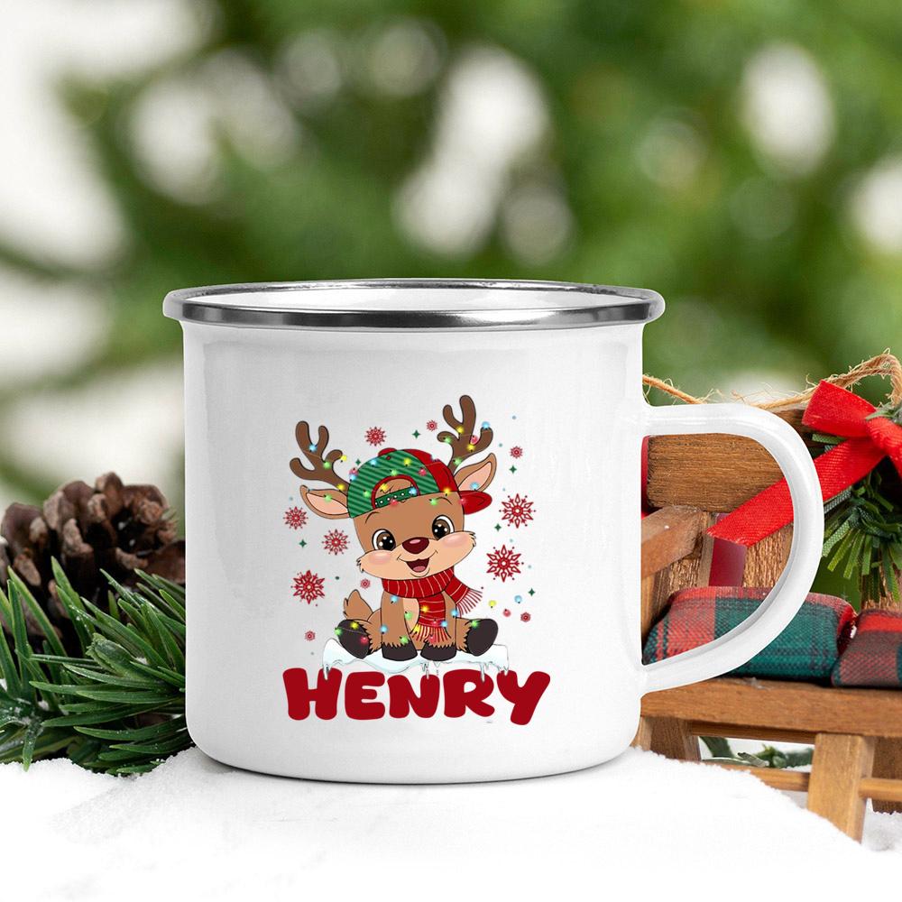 Personalized Cute Pattern Enamel Mugs Custom Name Printed Handle Cups Hot Chocolate Coffee Tee Cup ChristmasGifts
