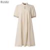 ZANZEA Women Casual Stand Collar Loose A-Line Short Sleeve Dress