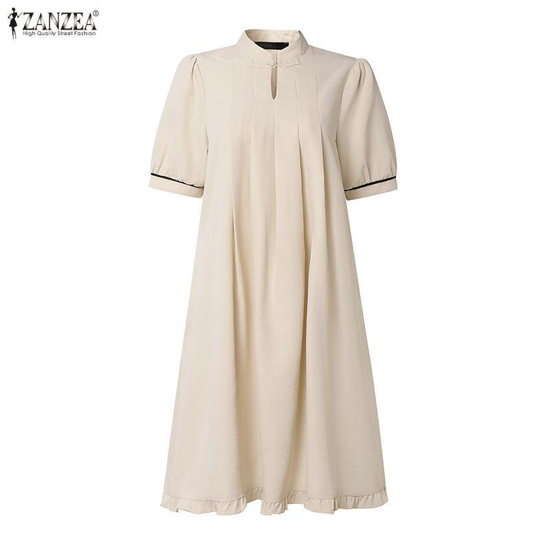 ZANZEA Women Casual Stand Collar Loose A-Line Short Sleeve Dress