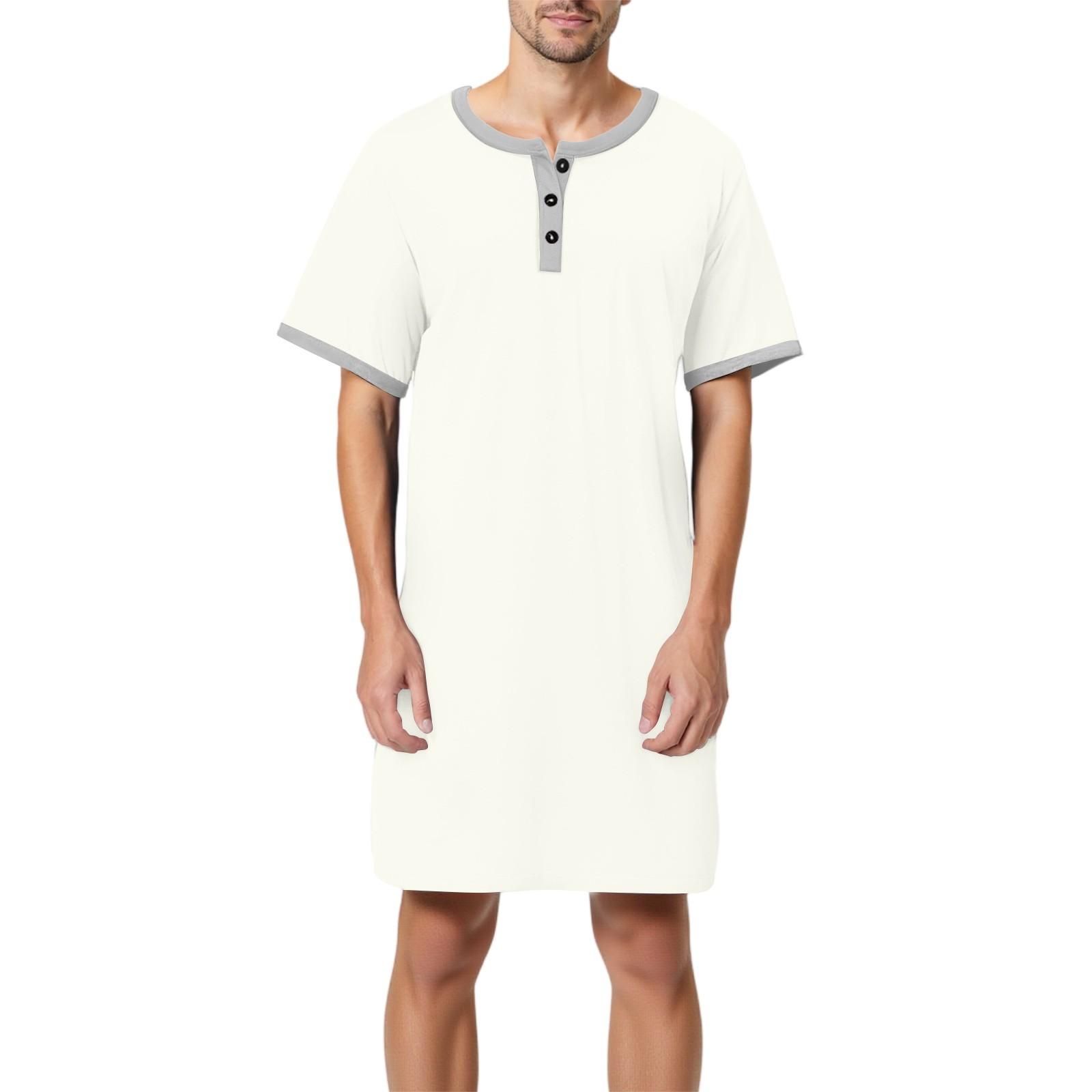 Mianduijifengba Heren effen katoenen pyjama met korte mouwen, overhemdkraag, lange losse pyjama, huiskleding L