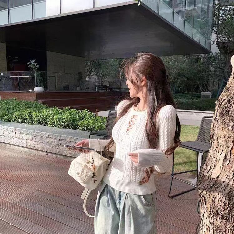 Women's Crew Neck Hollow Out Knitted Top Autumn Winter Slim Fit Long Sleeve Cable Knit Sweater Tight Base Layer Upper Garment