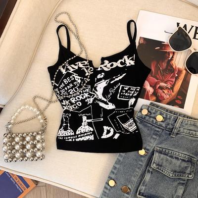 Retro Black Sling Vest For Women's T-shirts Sleeveless Sexy Girls Y2K Tops Fashion Lady Tank Tops