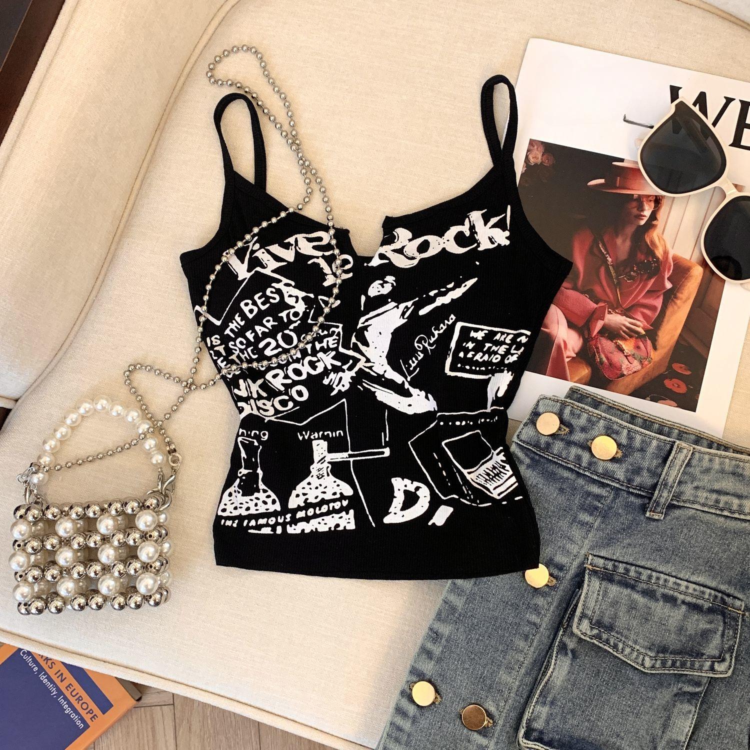 

Ретро черный слинг-жилет для женских футболок, без рукавов, сексуальный, для девушек, Y2K топы, модные женские майки S