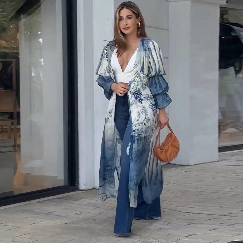 

European and American Fashion Loose Cardigan Print Long Shirts Outerwear Loose Cardigan Printed Shirt Printed XL