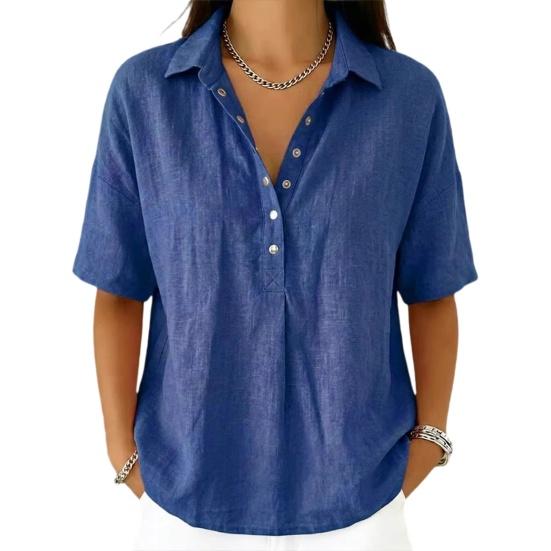 

Women Shirt Lapel Buttons Half Placket Short Sleeve Shirt Tops Pure Color Loose Fit Casual Blouse Vacation Date Casual Wear M королевский синий