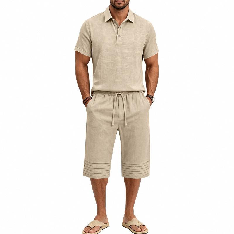 Summer Men's Casual Sportswear Sets Lapel Men's Short-Sleeved Shirt and Shorts Solid Beach Set