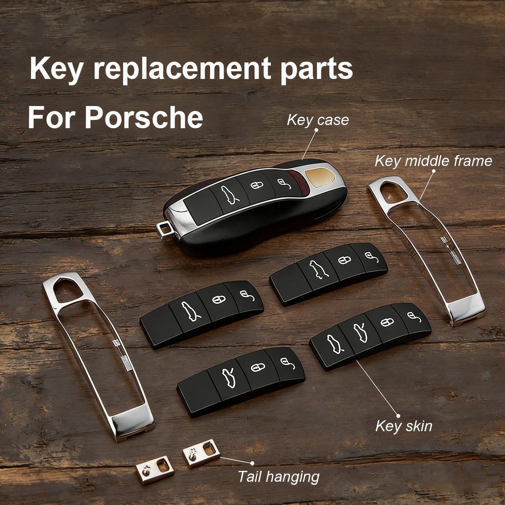 AABKQ1 For Porsche Cayenne Macan Panamera 911 718 Key Repair Kit Metal Frame Button Cover Tail Hanging Keychain Replacement Parts Set