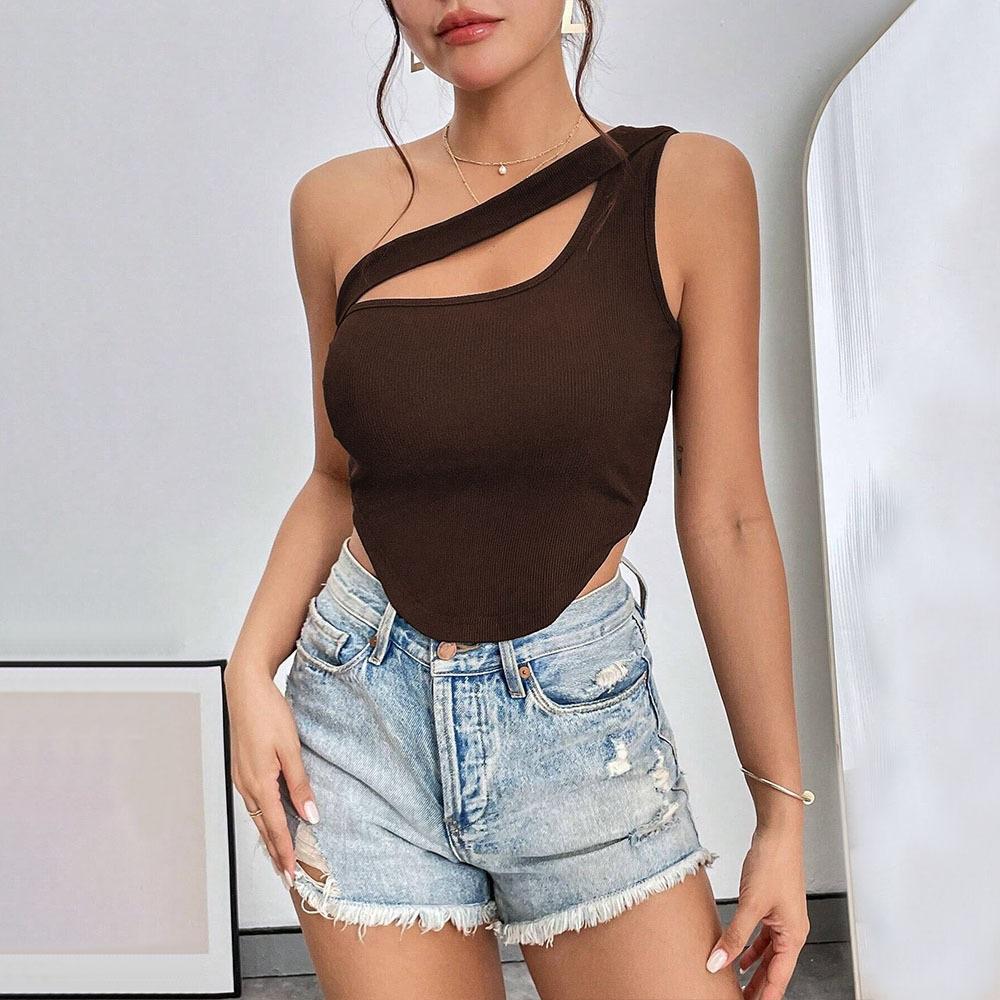 Women's 2026 New Slim Fit Ultra Short Irregular Hem Sloping Shoulder Chest Wrapped Vest Hollow Top